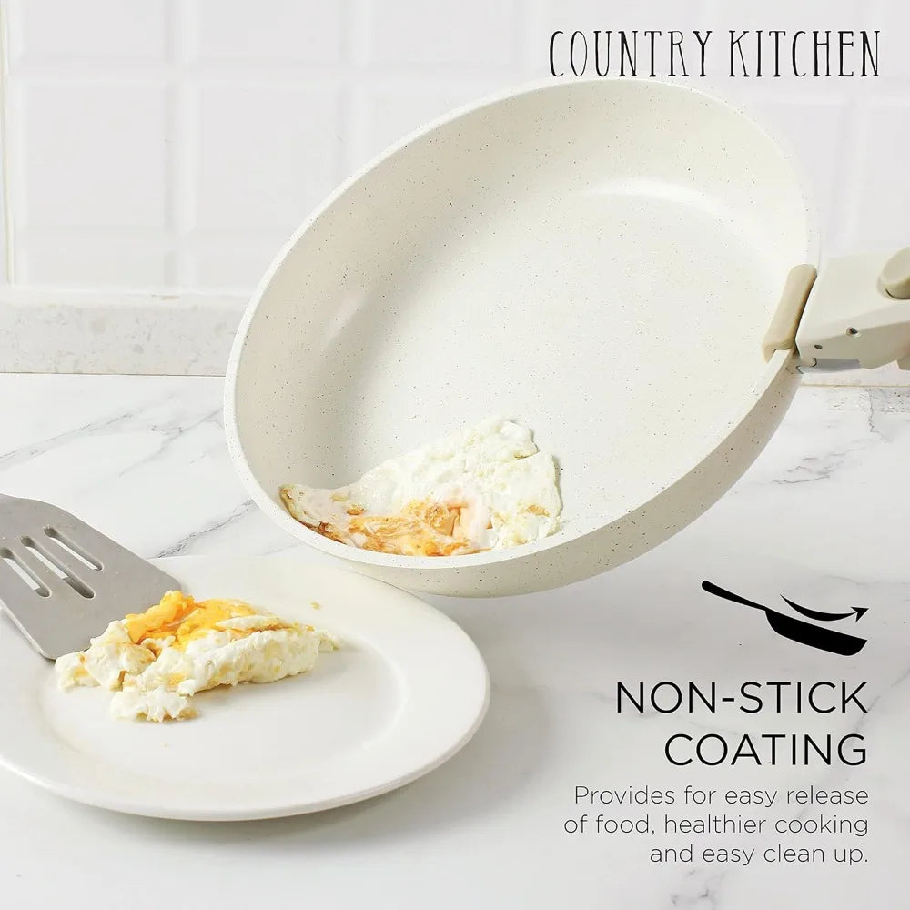 13 Piece Pots and Pans Set - Safe Nonstick Kitchen Cookware with Removable Handle, RV Cookware Set, Oven Safe (Cream)