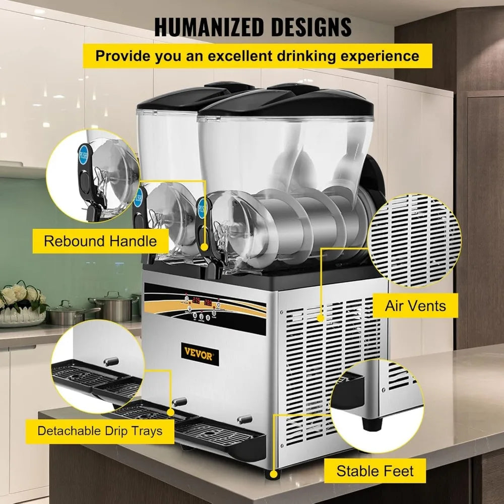 l Slushy Machine, 15Lx2 Tank Margarita Maker, 1000W Stainless Steel Smoothie Frozen Drink Maker for Supermarkets