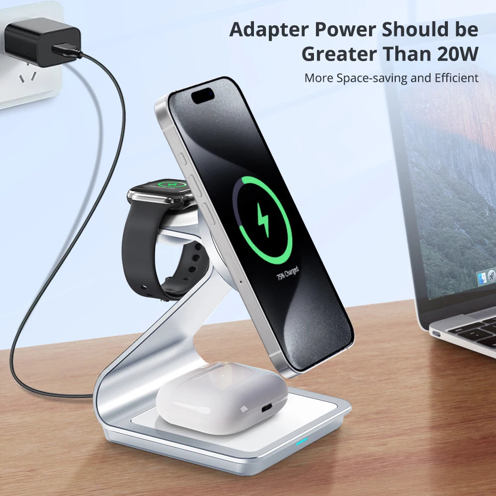 Get 3 in 1 Magnetic Wireless Charger for easy charging across your Apple devices with a holder & indicator built for daily charging.