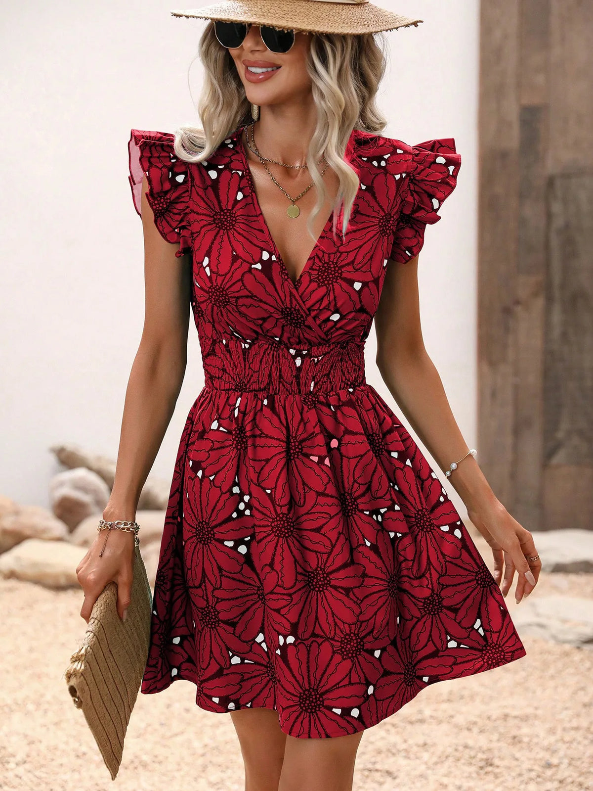 Shop Flower Print Dresses for Women with a chic V-neck, flattering A-line fit & above-knee length. Perfect for summer & vacations.