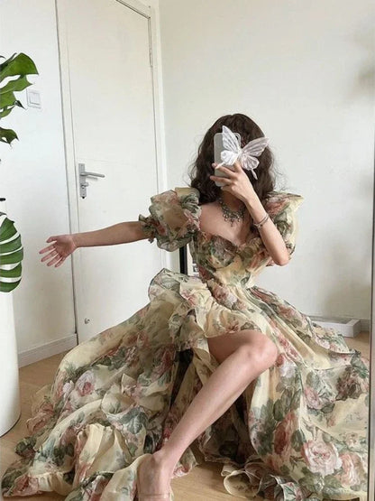 Step into the spotlight with a floral evening party dress featuring puff sleeves, a maxi silhouette & a flattering design.