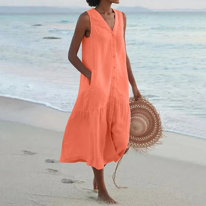 Looking for a V Neck Midi Dress? Enjoy a loose A-line fit, cotton fabric, and convenient pockets for effortless summer style.