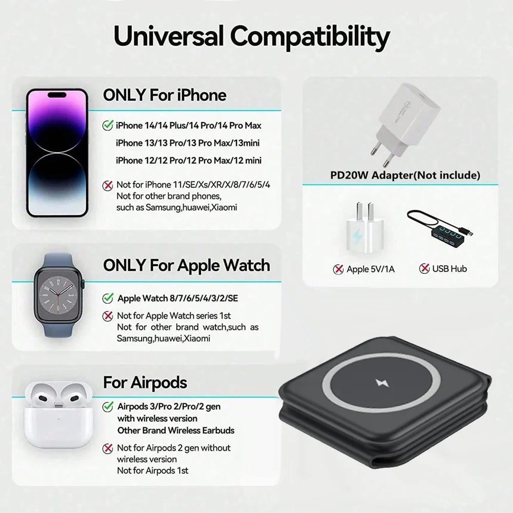 Keep charging simple at home or away with the 3 in 1 Foldable Wireless Charger designed to fold neatly for simpler packing.
