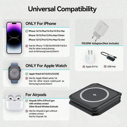 Keep charging simple at home or away with the 3 in 1 Foldable Wireless Charger designed to fold neatly for simpler packing.