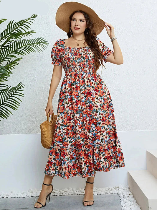Find the perfect plus size floral maxi dress with an elegant A-line shape, comfortable fit, ideal for everyday wear & occasions.