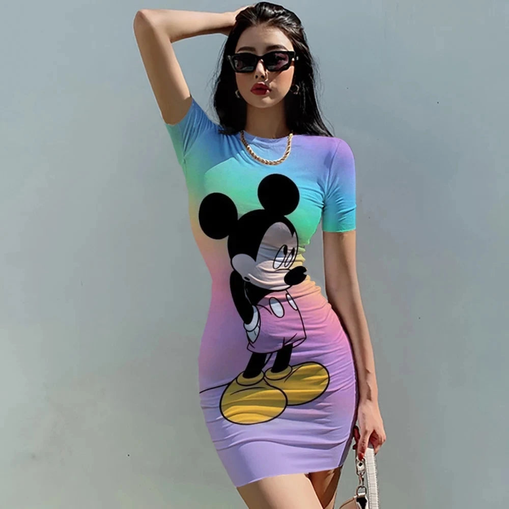 Mickey Mouse Bodycon Mini Dress combines a fitted sheath shape, elastic waist, and short sleeves with a playful print.