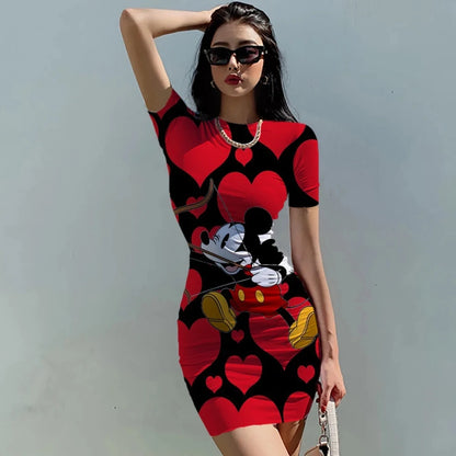 Mickey Mouse Bodycon Mini Dress combines a fitted sheath shape, elastic waist, and short sleeves with a playful print.