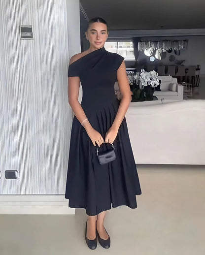 Choose the Diagonal Collar Pleated Summer Dress with a chic collar and pleated details. Great for the office and stylish outings.