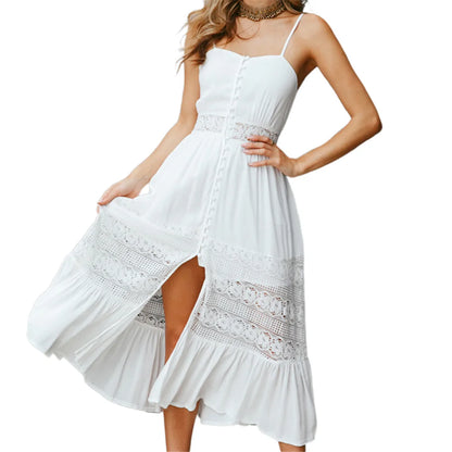 Find a White Maxi Beach Dress with an elegant strapless style and ruffle details. Perfect for summer outings and beach days.