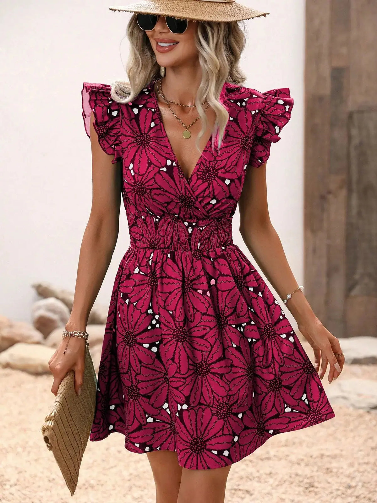 Shop Flower Print Dresses for Women with a chic V-neck, flattering A-line fit & above-knee length. Perfect for summer & vacations.