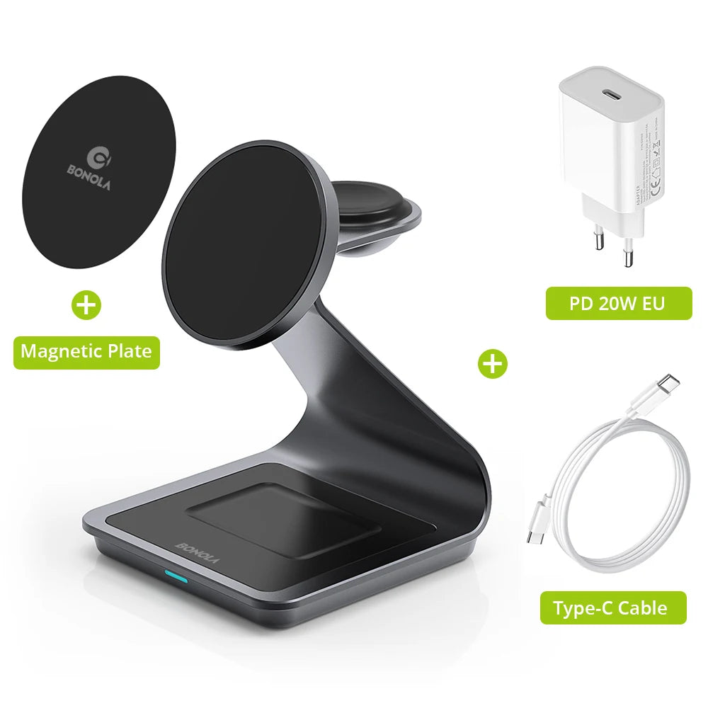 Get 3 in 1 Magnetic Wireless Charger for easy charging across your Apple devices with a holder & indicator built for daily charging.