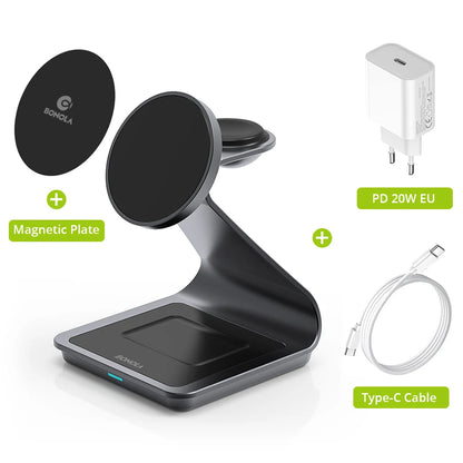 Get 3 in 1 Magnetic Wireless Charger for easy charging across your Apple devices with a holder & indicator built for daily charging.