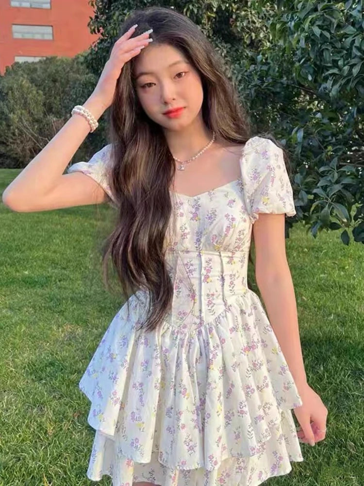 Embrace effortless summer style with a floral high-waist dress inspired by Korean fashion, featuring a flattering fit.