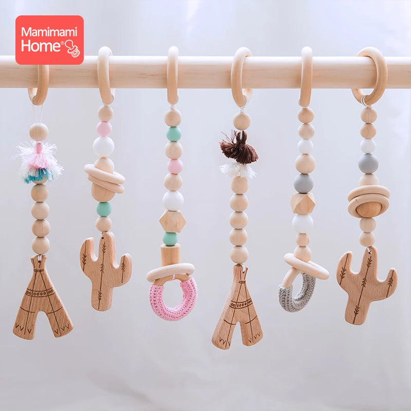 Mamihome 3pc/Set Baby Wooden Teether Chain Gym Play Cactus Pendant Wooden Blank Crochet Bead Ring-Pull Ring Children'S Gopds Toy