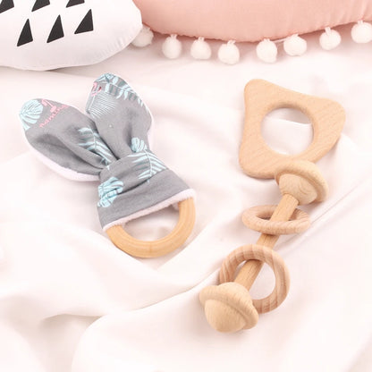 3PC/Set Beech Wooden Teether Rattle Rabbit With Ring Can Chew Food Grade Materials Gifts For Children Toys Baby Teether Toys