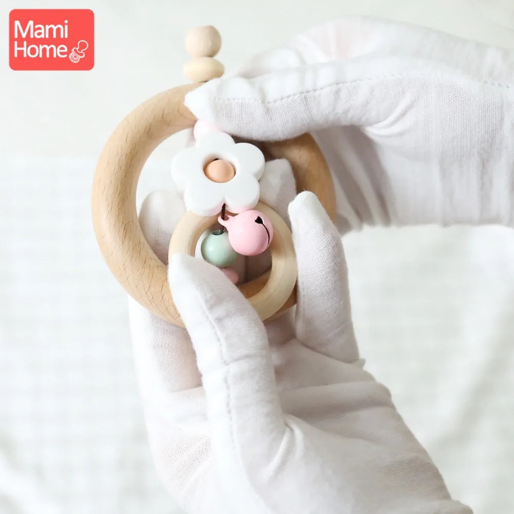 mamihome 5pc Newborn Gifts Baby Rattle Wood Ring Chew Toys Wooden Teether Toys Car Panda Beads Christmas Gift Baby Teething