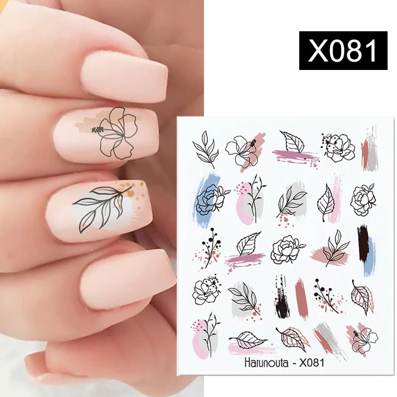 Harunouta Geometric Color Block Line Leaf Flower Water Decal Sticker Spring Simple DIY Slider For Manicuring Nail Art Watermarks