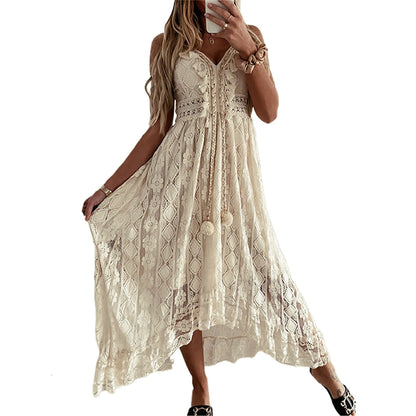 Find a White Maxi Beach Dress with an elegant strapless style and ruffle details. Perfect for summer outings and beach days.