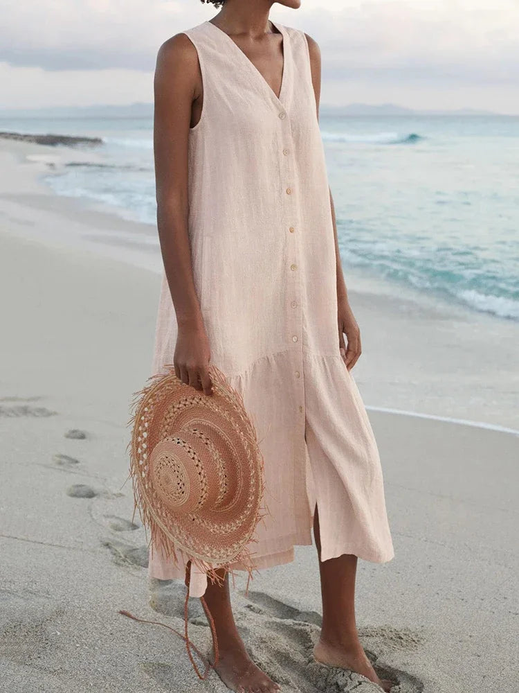 Looking for a V Neck Midi Dress? Enjoy a loose A-line fit, cotton fabric, and convenient pockets for effortless summer style.