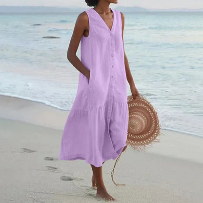 Looking for a V Neck Midi Dress? Enjoy a loose A-line fit, cotton fabric, and convenient pockets for effortless summer style.