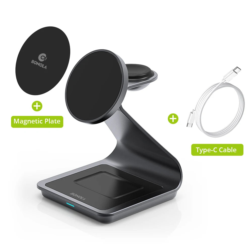 Get 3 in 1 Magnetic Wireless Charger for easy charging across your Apple devices with a holder & indicator built for daily charging.