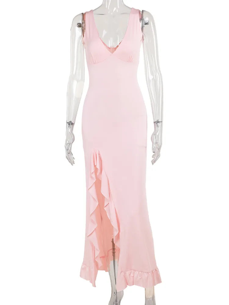Discover the Deep V Neck Maxi Dress, designed with a flattering V neck and elegant silhouette for summer style and vacations.