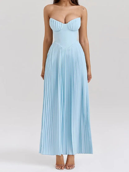 Elevate your occasion wardrobe with the Off-Shoulder Pleated Maxi Dress, featuring a sleek silhouette, and ankle-length design.