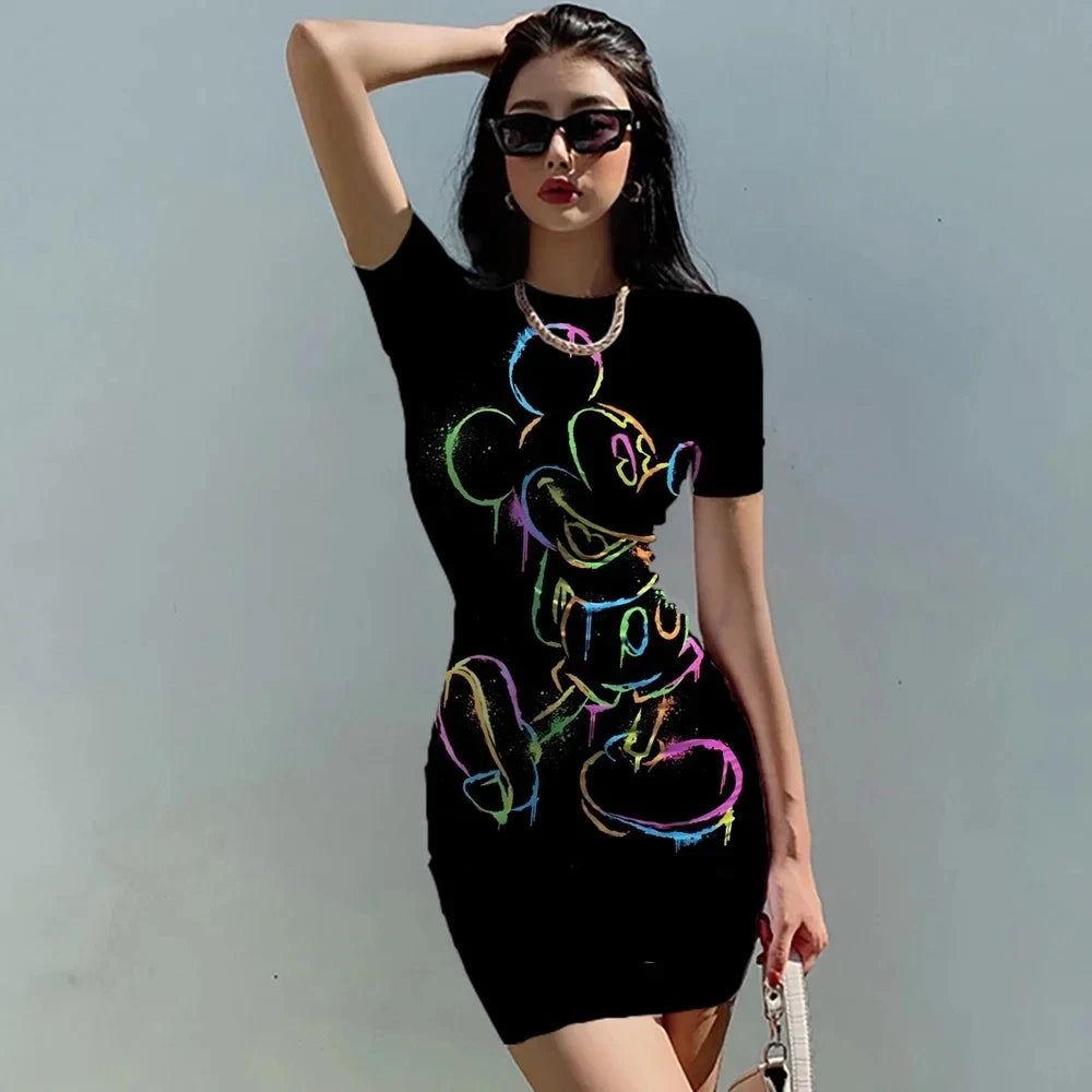 Mickey Mouse Bodycon Mini Dress combines a fitted sheath shape, elastic waist, and short sleeves with a playful print.