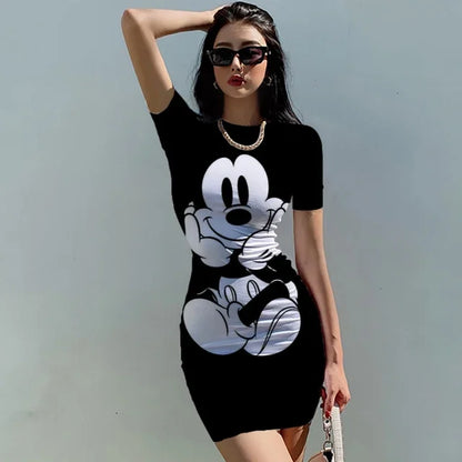 Mickey Mouse Bodycon Mini Dress combines a fitted sheath shape, elastic waist, and short sleeves with a playful print.