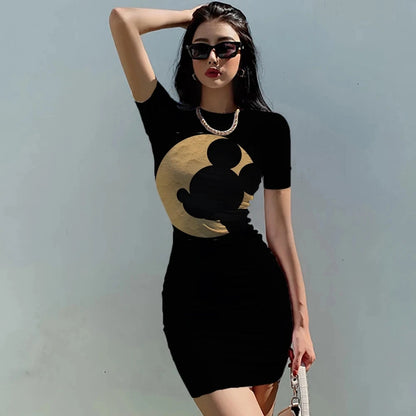 Mickey Mouse Bodycon Mini Dress combines a fitted sheath shape, elastic waist, and short sleeves with a playful print.