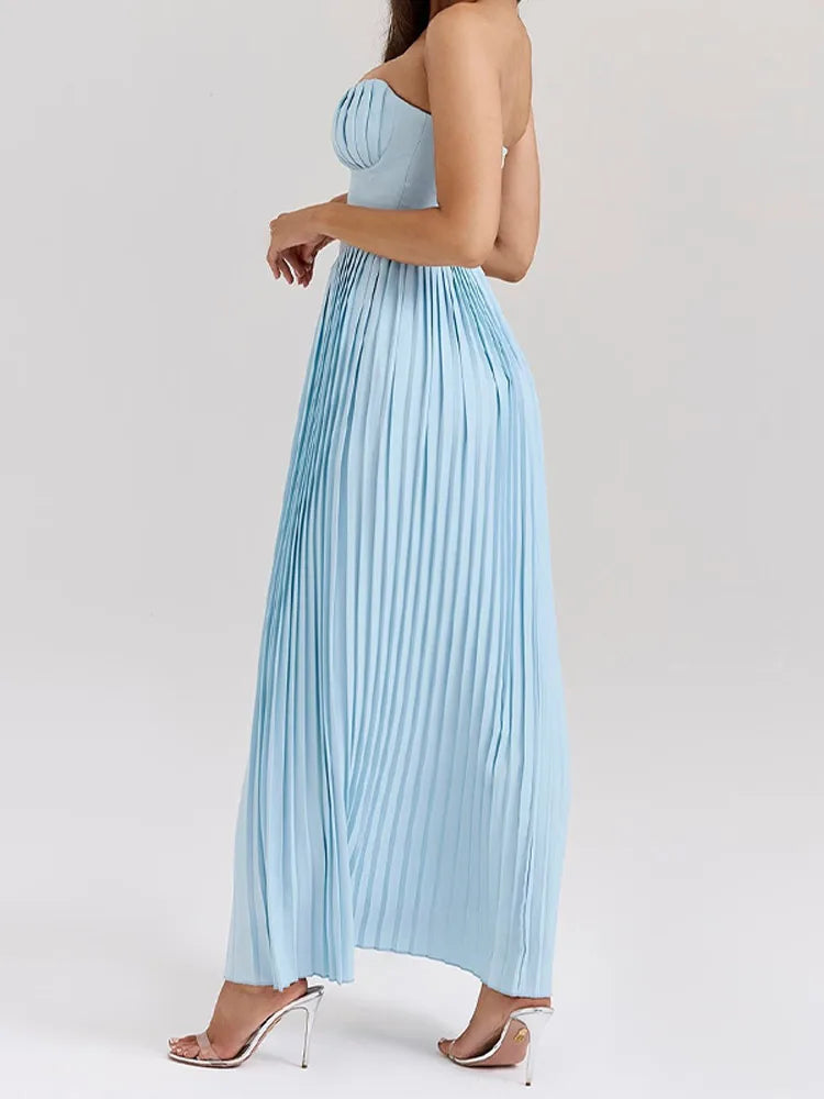 Elevate your occasion wardrobe with the Off-Shoulder Pleated Maxi Dress, featuring a sleek silhouette, and ankle-length design.