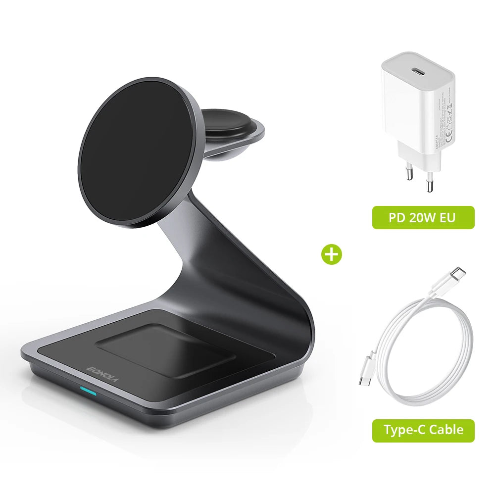 Get 3 in 1 Magnetic Wireless Charger for easy charging across your Apple devices with a neat holder and indicator built for daily charging.
