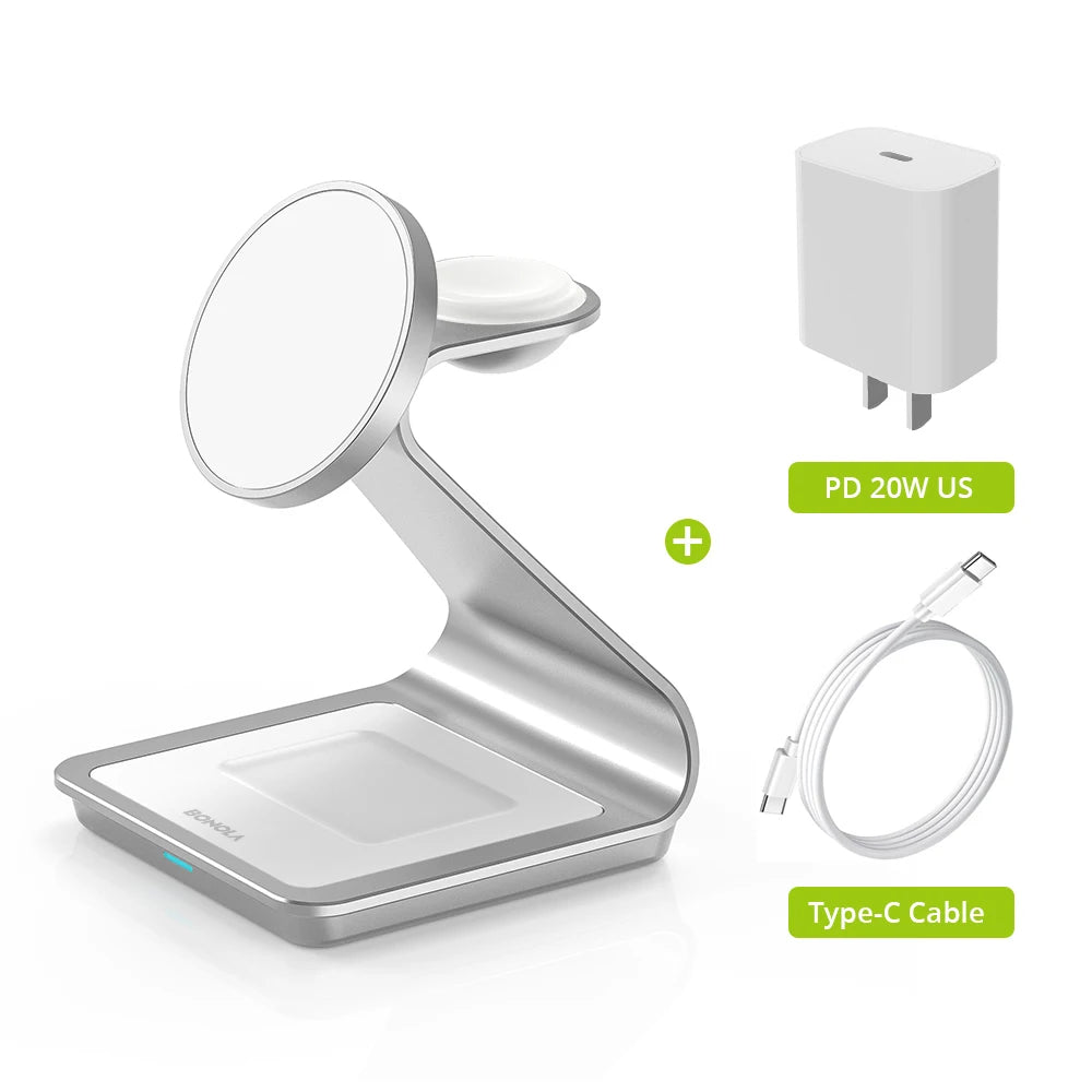 Get 3 in 1 Magnetic Wireless Charger for easy charging across your Apple devices with a neat holder and indicator built for daily charging.