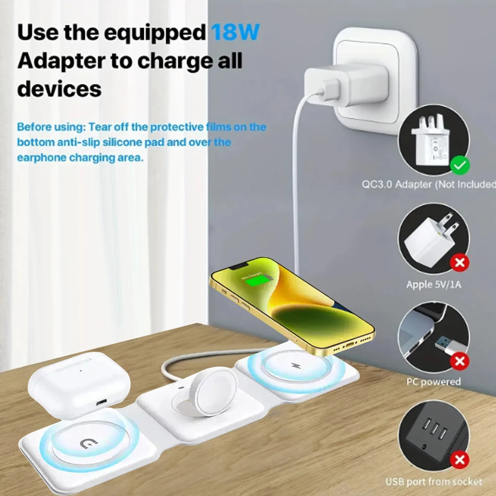 Keep charging simple at home or away with the 3 in 1 Foldable Wireless Charger designed to fold neatly for simpler packing.