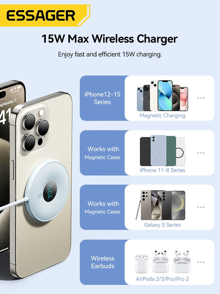 Order the Essager 15W Magnetic Wireless Charger for quick charging, strong magnetic hold, and smooth daily power for iPhones.