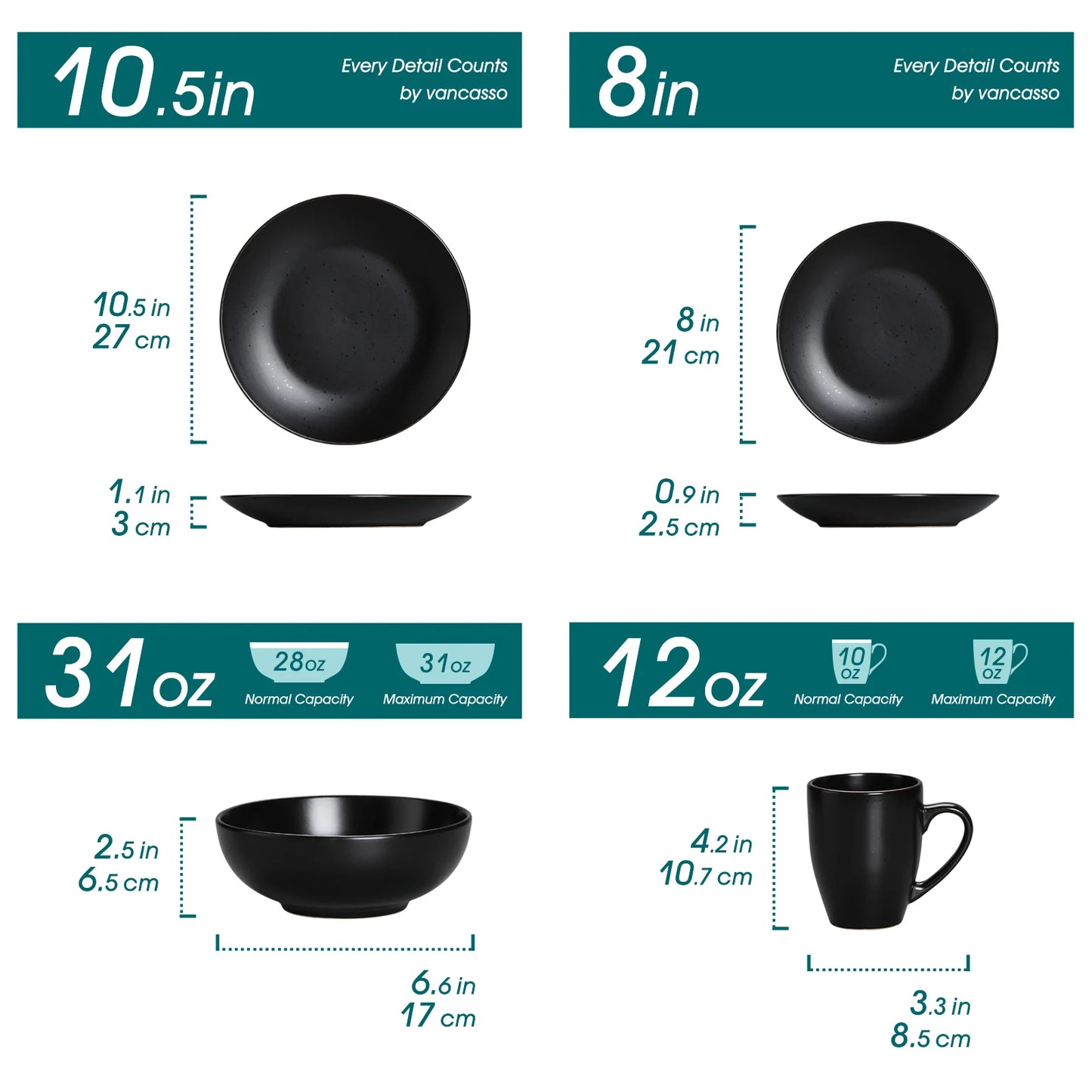 VANCASSO MODA Series 16/32/48 Piece Pottery Dinner Set Black Stoneware Tableware Set with Dinner Plate,Dessert Plate,Bowls,Cups