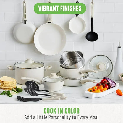 Healthy Ceramic Nonstick 16 Piece Kitchen Cookware Set Pots and Frying Sauce Saute Pans Set, PFAS-Free , Cream