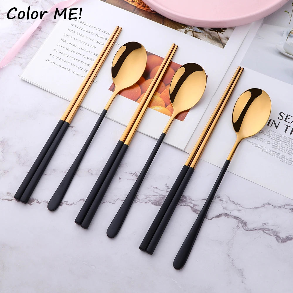 2Pcs 18/8 Stainless Steel Cutlery Set Sushi Sticks Coffee Tea Spoons Set Dinnerware Korean Chopsticks Dessert Spoon Flatware Set