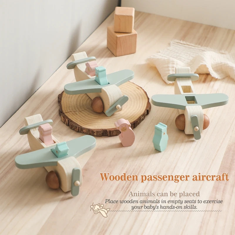 Montessori Baby Wooden Building Blocks Toys Aircraft Manned Model Toys Wood Adornment Toys Baby Hand-Eyes Coordination Toys Gift