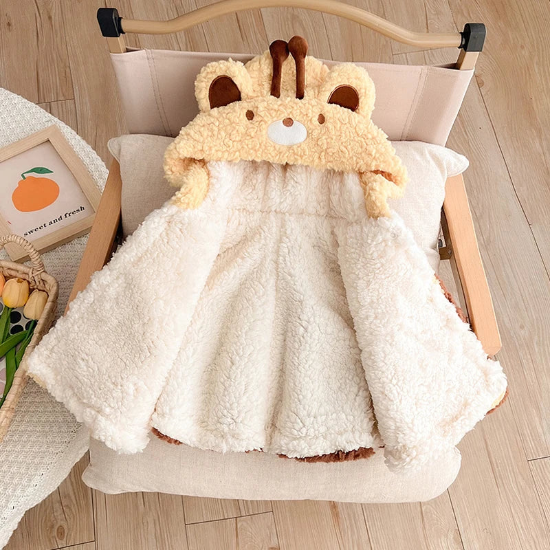 IYEAL Winter Cartoon Hooded Ears Warm Plus Fleece Coat Winter Baby Cute Cloak New Baby Clothing Baby Thickened Cloak