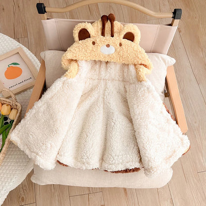 IYEAL Winter Cartoon Hooded Ears Warm Plus Fleece Coat Winter Baby Cute Cloak New Baby Clothing Baby Thickened Cloak
