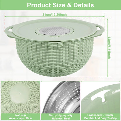 Kitchen Colander Set with Plastic Mixing Bowl 360°Rotating Food Strainers with 3 Thread Graters Stainless Steel Pasta Strainer