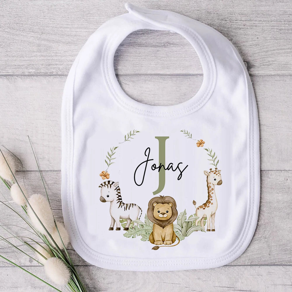 Personalised Baby Bib Safari Animals Bibs Initial with Name Newborn Wild One Birthday Gifts Infant Saliva Towel Baby Shower Gift