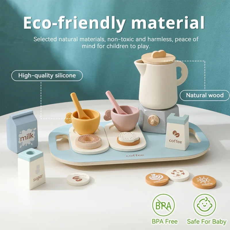Montessori Wooden Coffee Afternoon Tea Set Toy Kid Simulation Kitchen BPA Free Silicone Teapot Teacup Early Educational Toy Gift