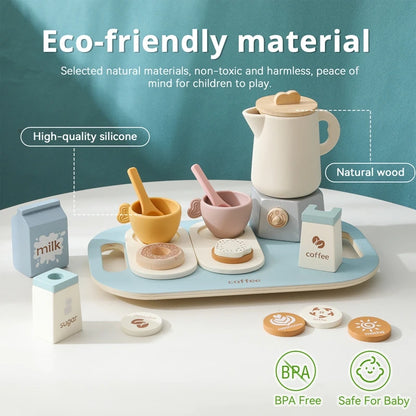 Montessori Wooden Coffee Afternoon Tea Set Toy Kid Simulation Kitchen BPA Free Silicone Teapot Teacup Early Educational Toy Gift
