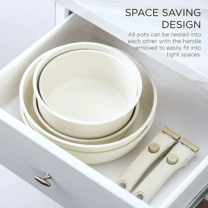 13 Piece Pots and Pans Set - Safe Nonstick Kitchen Cookware with Removable Handle, RV Cookware Set, Oven Safe (Cream)