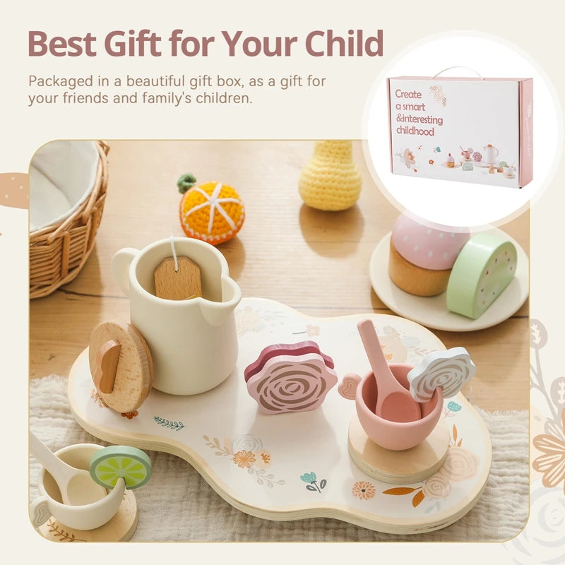 Baby Wooden Montessori Toys Silicone Cups Wooden Plate Trays Dessert Model Playing House Afternoon Tea Set Kids Puzzle Toys Gift