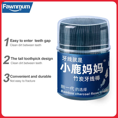 Fawnmum Dental Cleaning Bamboo Charcoal Dental Floss Picks Barreled Interdental Brush For Teeth Care Toothpicks With Thread Oral