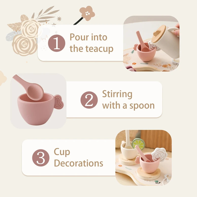 Kids Wooden Montessori Toys Afternoon Tea Toy Set Cake Tea Time Playset Toddler Pretend Play Game Kitchen Accessories Toys Gifts