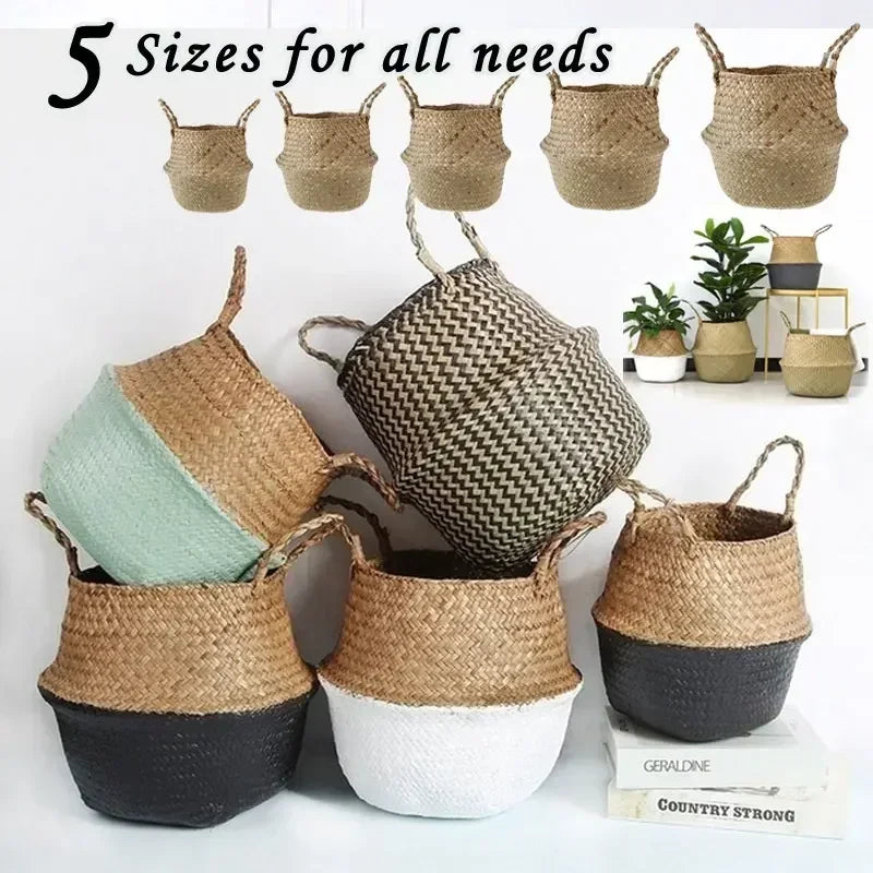 Rattan Flower Pots Container Storage Supplies Foldable Basket Weaved Storage Baskets with Handle Laundry Toys Sundries Organizer